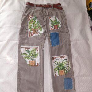 Plant Lover Upcycled Wrangler Cargo Pants 32 x 34 Khaki Patches Unisex Baggy